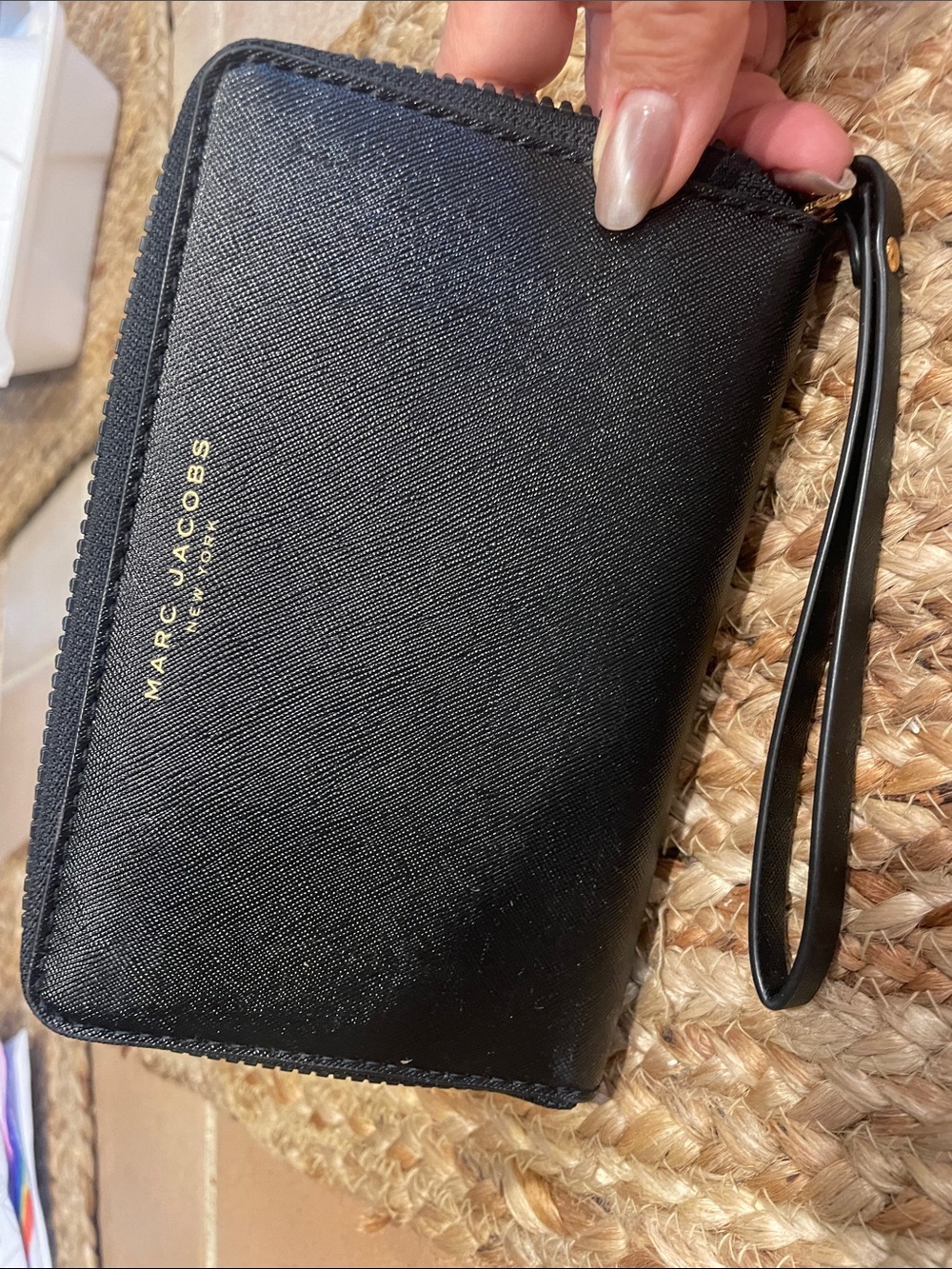 Marc Jacobs Black Leather Zip-Around Wristlet with Gold Logo